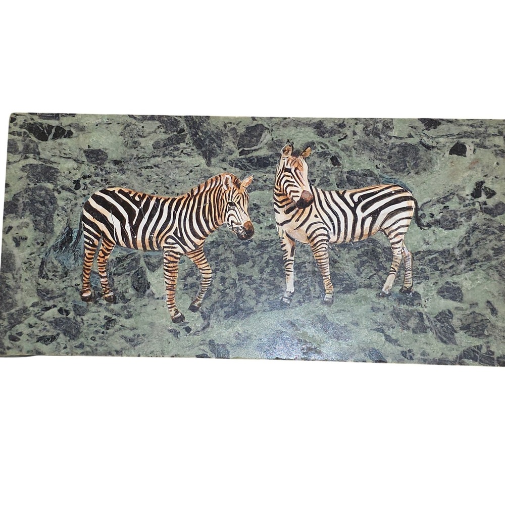 Hand Painted Zebra Stone Art Plaque Signed Trumi Serpentine Marble Safari 12"